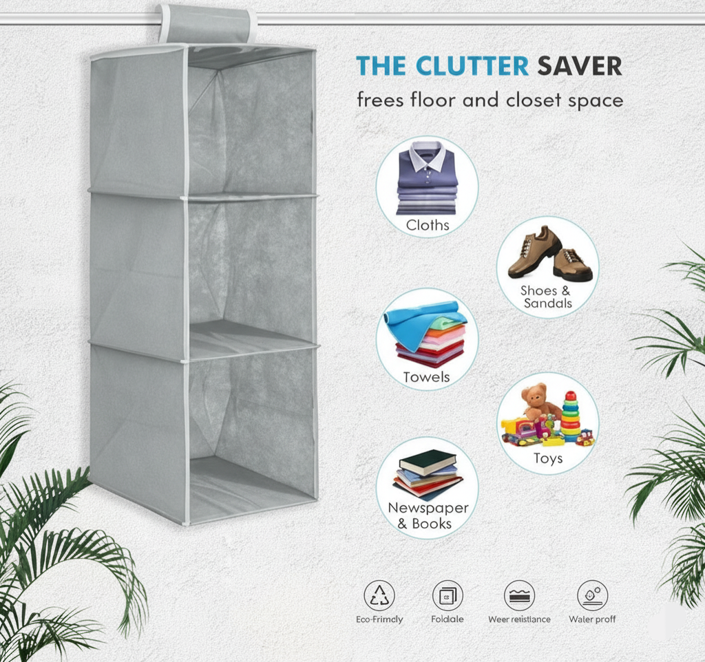 Hanging Wardrobe Organizer (3 Shelves) – Space-Saving Storage Made Easy!